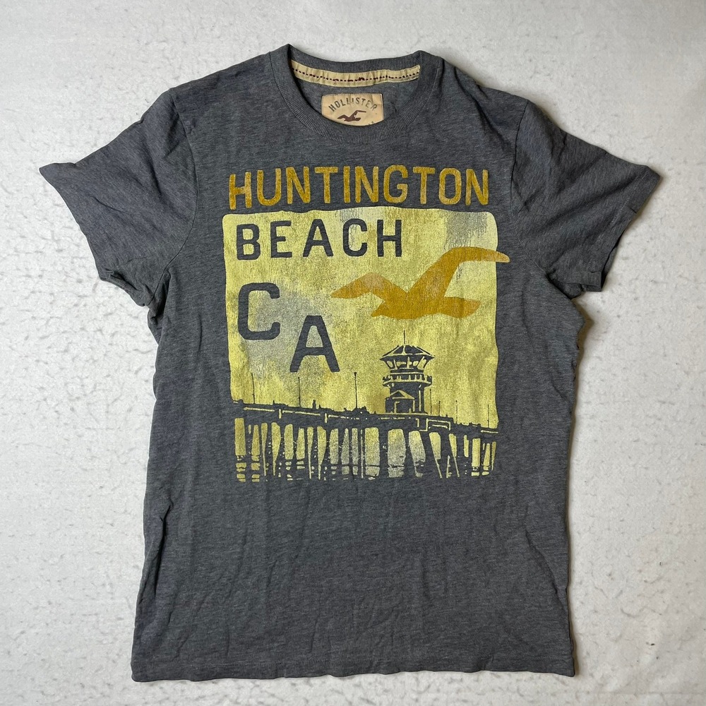 Hollister Huntington Beach California‎ Graphic T Shirt Large Gray Short Sleeve